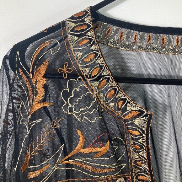 Womens Chicos Sheer Embroidered Mesh Open Cardigan Black Rust Gold L - Picture 3 of 8